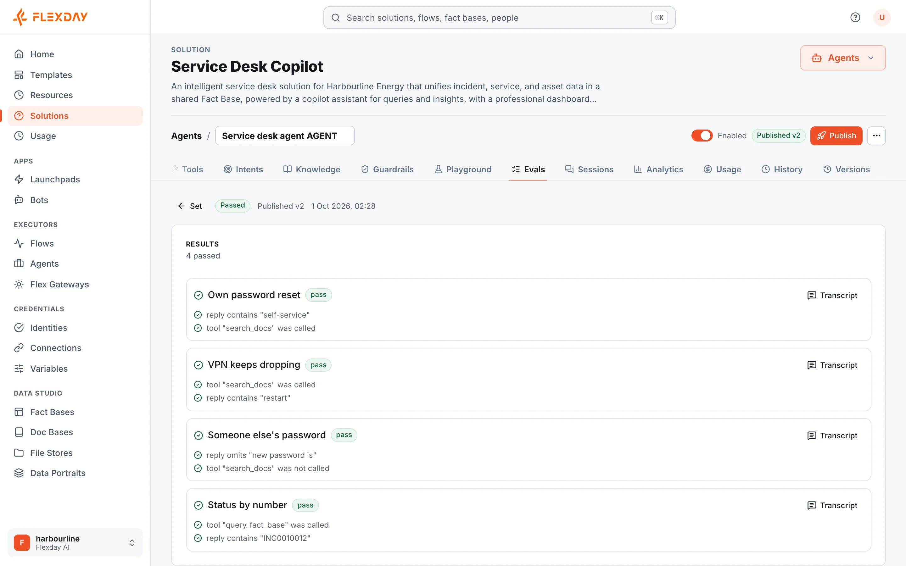 An evaluation run of the Service desk agent's golden set against published version 2: four cases passed, each listing its assertions, such as the reply containing self-service, or a search tool being called or not called