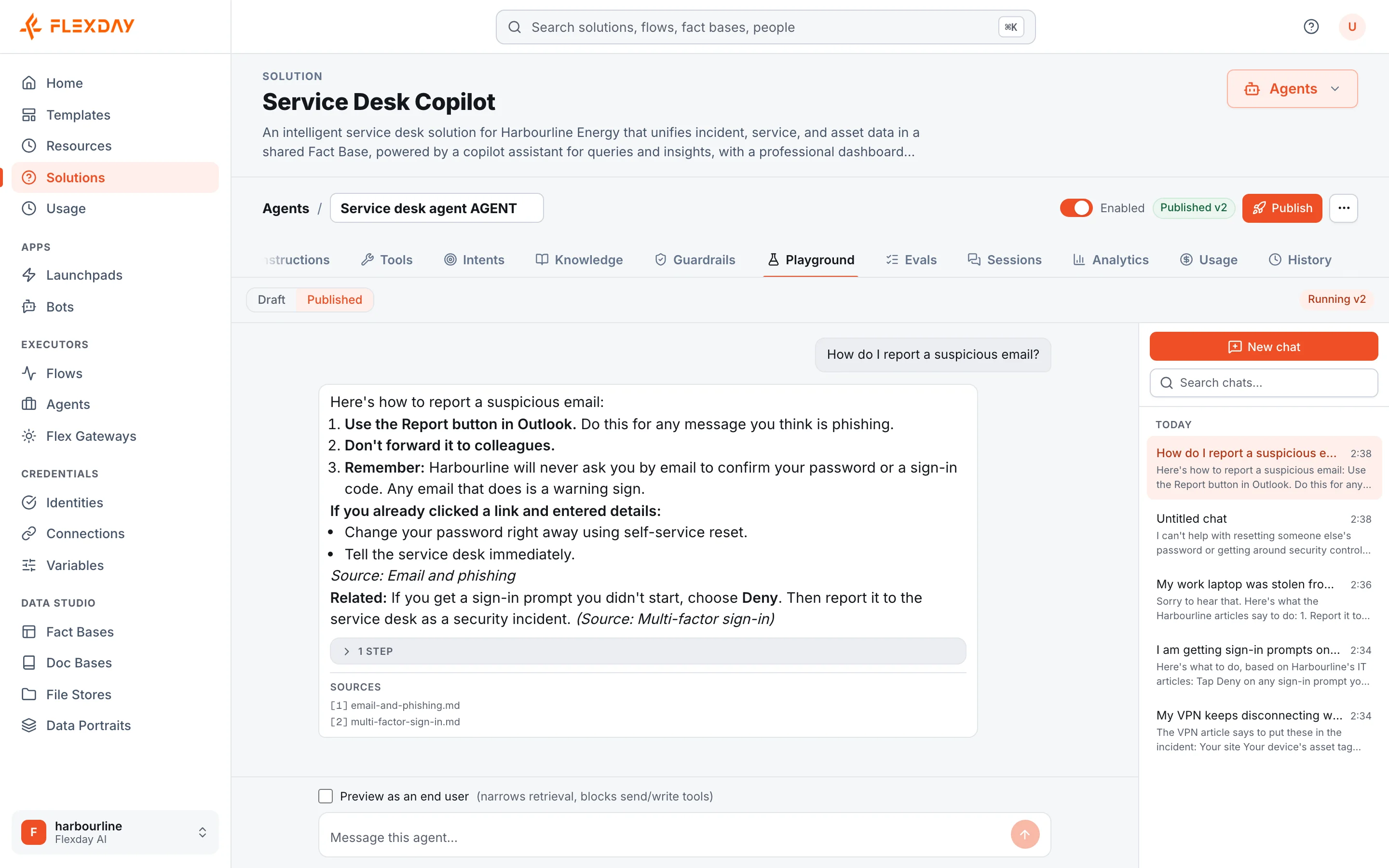 The Playground of the Service desk agent: asked how to report a suspicious email, the agent answers in numbered steps, and the two IT articles it used are listed under Sources
