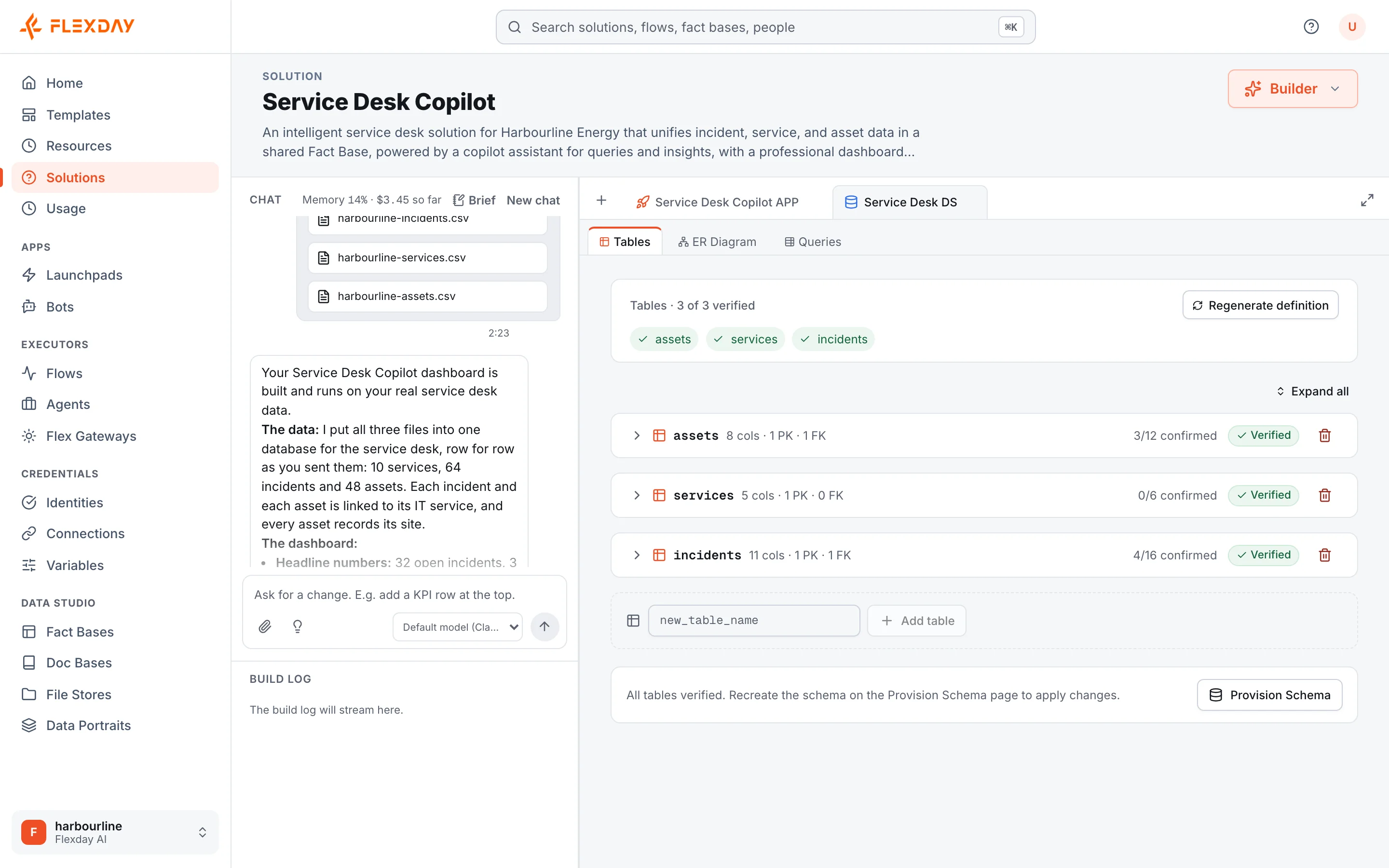 The Builder for the Service Desk Copilot Solution: the request's three attached CSV files and the Builder's reply on the left, and on the right the Service Desk DS Fact Base it created, with its assets, services and incidents tables verified