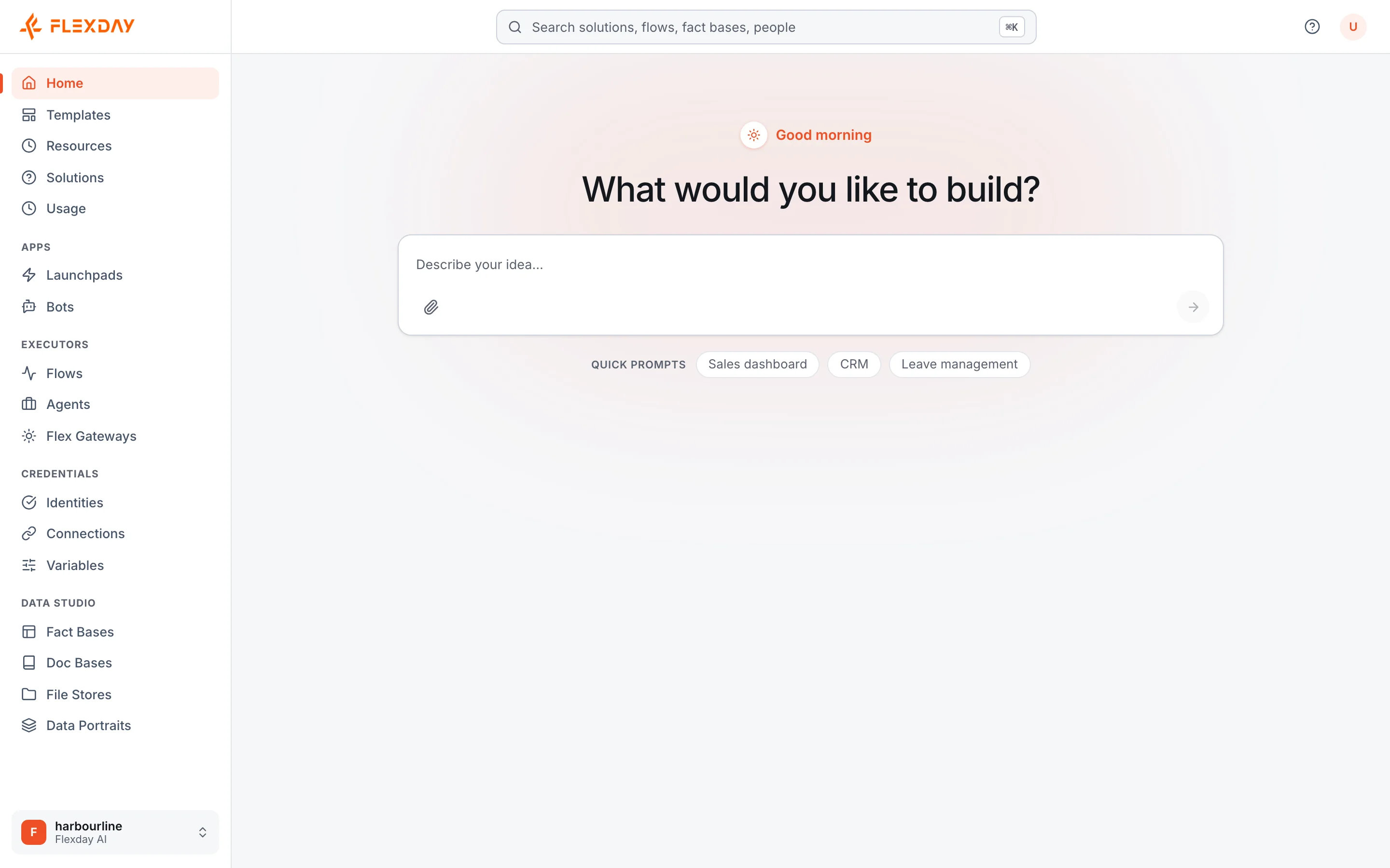 The Flexday AI Studio home page in the Harbourline workspace: a large box asking what you would like to build, with the Studio's navigation down the left