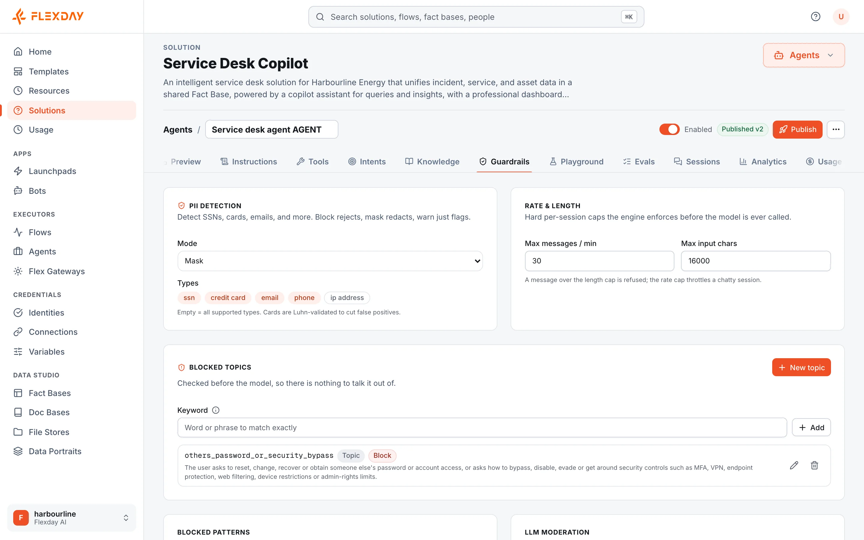 The Guardrails tab of the Service desk agent: personal-data detection set to Mask for social security numbers, card numbers, email addresses and phone numbers, message rate and length caps, and a blocked topic about other people's passwords and security controls, set to Block