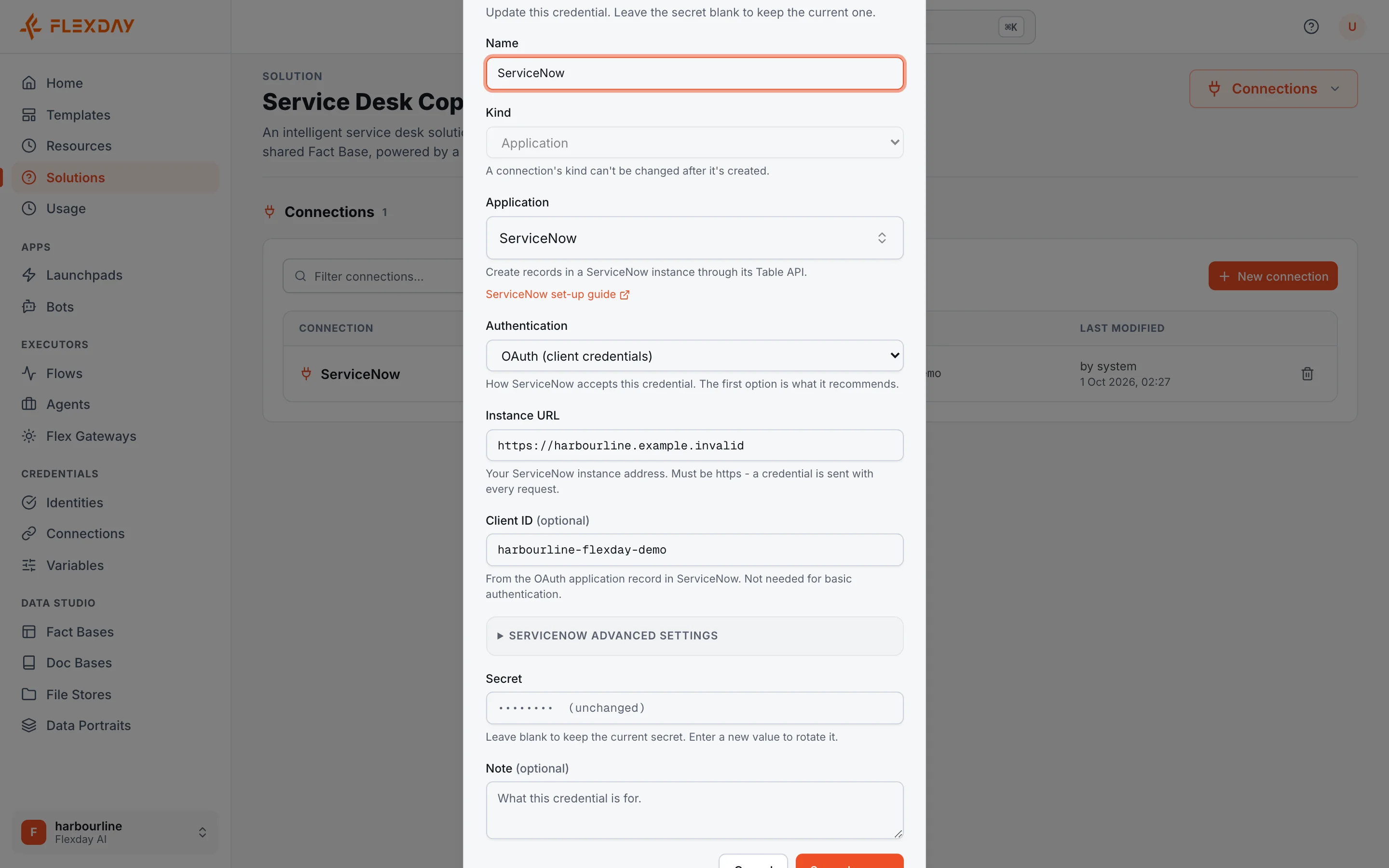 The edit form of the ServiceNow Connection: kind Application, OAuth client credentials, an instance address under example.invalid, a client ID, and a Secret field that reads unchanged, with the note to leave it blank to keep the current secret