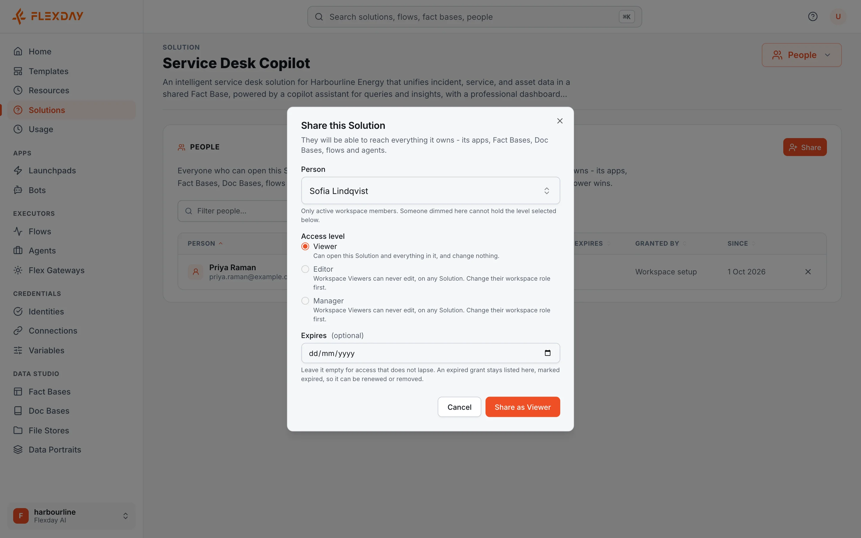 The Share this Solution dialog over the Service Desk Copilot People tab, with Sofia Lindqvist chosen: Viewer is selected, and Editor and Manager are unavailable because workspace Viewers can never edit, on any Solution